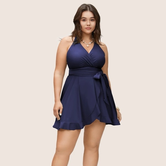 BloomChic Plus Size XL Plain Ties Wrap Flutters Swim Dress - Picture 3 of 5